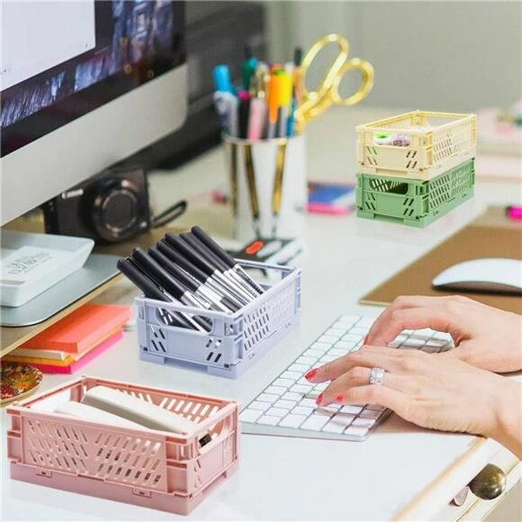 Mini Foldable Plastic Storage Baskets Set of 4 Small Drawer Organizer Crates - Picture 2 of 7